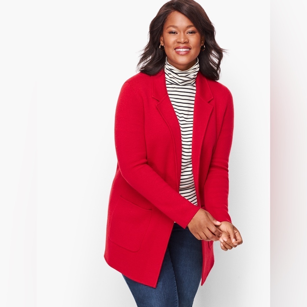 Talbots Merino Wool Open Front Blazer Cardigan Vibrant Red Size Medium Like New